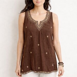 J.JILL Embroidered Sleeveless Top Aztec Brown Gold Split Neck Shirt Medium